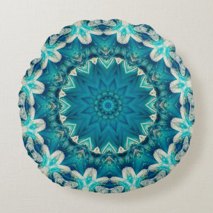 Almofada Redonda Azul Aqua Mandala Rosette Retro Hippie
