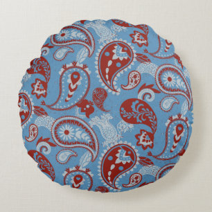 Almofada Redonda Azul branco vermelho tradicional linocut de salada