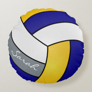 Almofada Redonda Azul, Cinza, Voleibol Amarelo e Branco   DIY Name