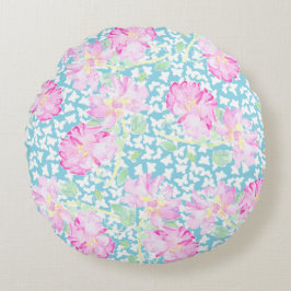 Almofada Redonda Azul com Rosas Cor-de-Rosa e Borb