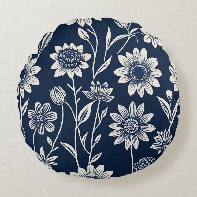 Almofada Redonda azul e branco - Boho floral estilo impressão em bl (Frente)