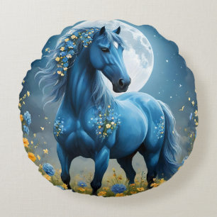 Almofada Redonda Azul Fantasia Flores de Lua de Cavalo Mágico,