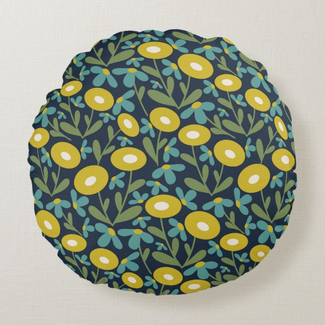 Almofada Redonda Azul-mar Retro de Verão dos anos 60 (Frente)