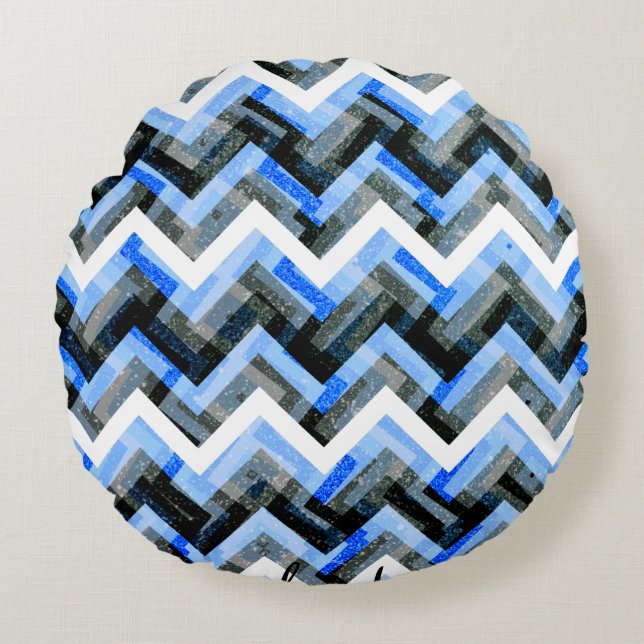 Almofada Redonda Azul Preto Branco Chevron Texturizado (Frente)