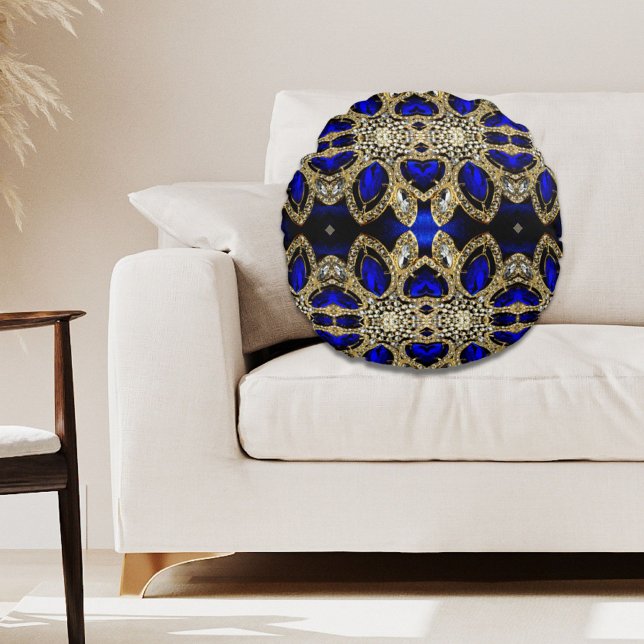 Almofada Redonda azul profundo na moda turquesa de prata (trendy stylish turquoise gold silver deep blue round pillow)