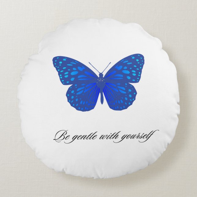 Almofada Redonda azul real com borboleta design, citação positiva p (Frente)