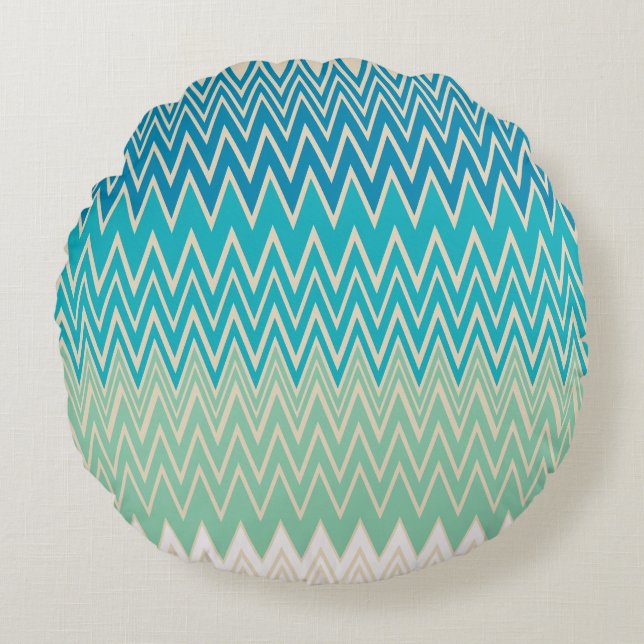 Almofada Redonda Azul Teal, Turquesa e Zigzags Verdes (Frente)