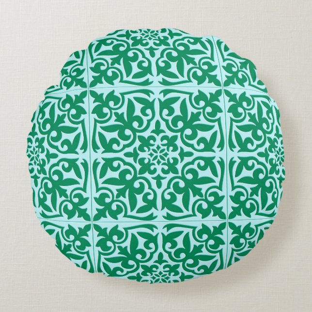 Almofada Redonda Azulejo marroquino - turquesa e aqua (Frente)