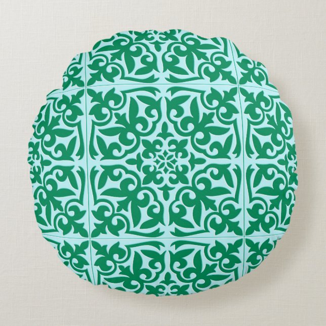 Almofada Redonda Azulejo marroquino - turquesa e aqua (Frente)
