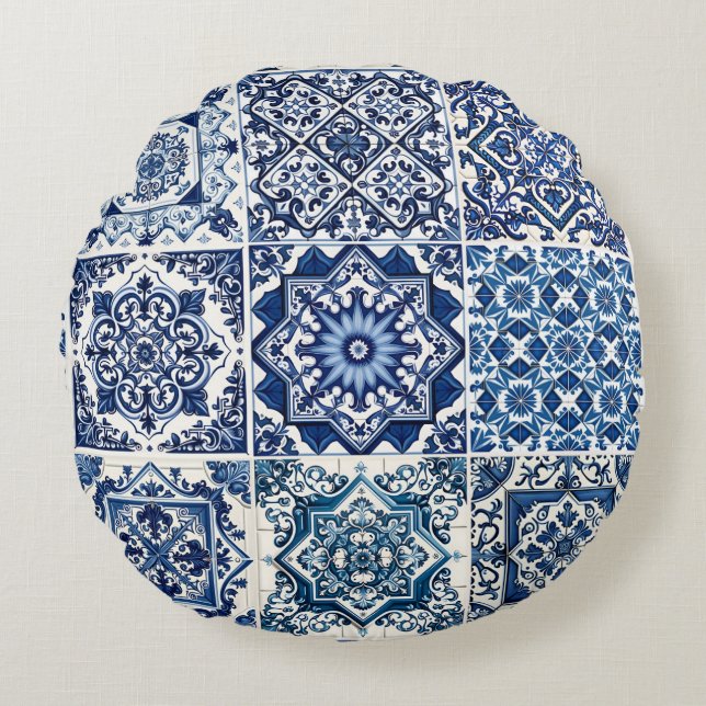 Almofada Redonda Azulejos do Mediterrâneo, Portugal, Azulejo, Majol (Frente)