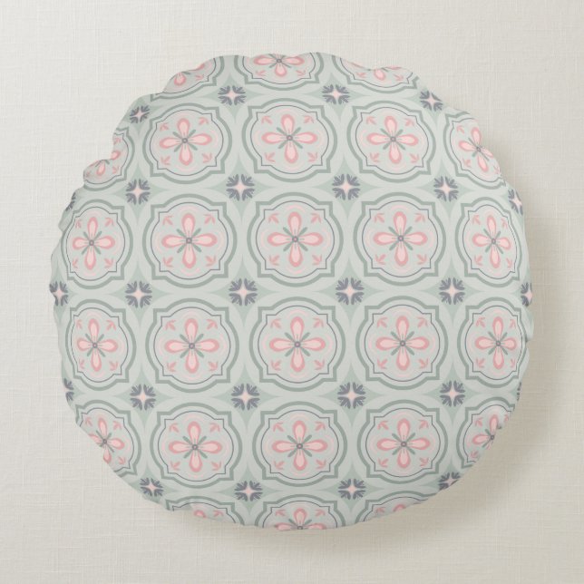 Almofada Redonda Azulejos Florais Verde Pastel (Frente)
