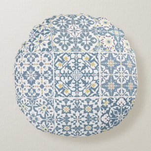 Almofada Redonda Azulejos Mediterrâneos, Marroquinos, Maiolica, Azu