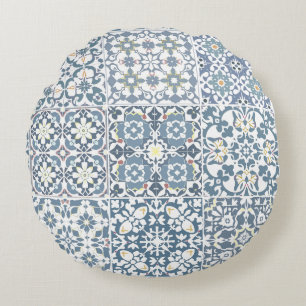 Almofada Redonda Azulejos Mediterrâneos, Marroquinos, Maiolica, Azu
