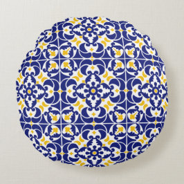 Almofada Redonda Azulejos mediterrânicos Padrão Azul e Amarelo