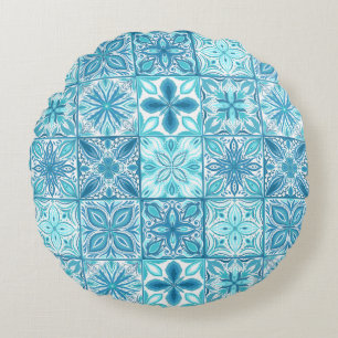 Almofada Redonda azulejos ornamentados em azul e branco