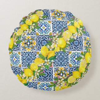 Almofada Redonda Azulejos Sicilianos do Mediterrâneo, limões de cit