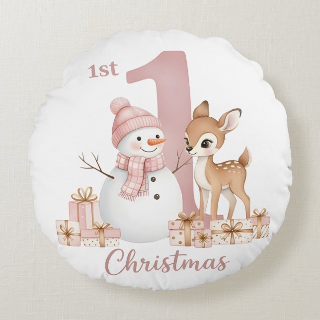 Almofada Redonda Baby Girl First Christmas Snowman Deer (Frente)