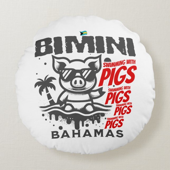 Almofada Redonda Bahamas Souvenir Gift: Bimini Bahamas Nadando Porc (Frente)
