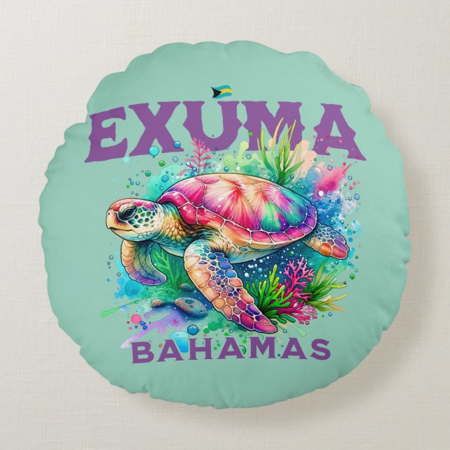Almofada Redonda Bahamas Souvenir Presente: Exuma Bahamas Tartaruga (Frente)