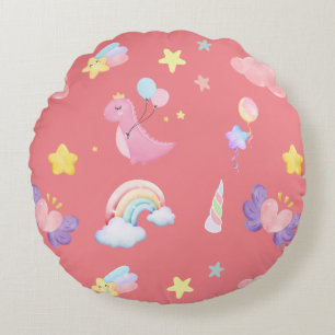 Almofada Redonda Balão-arco-íris de dinossauro, rosa-doce, bonito