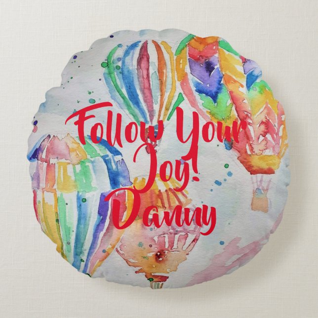 Almofada Redonda Balão de Ar Quente Aquarela Refrigerantes (Frente)