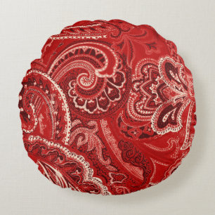 Almofada Redonda Bandanna/Bandana retros vermelhos de Paisley