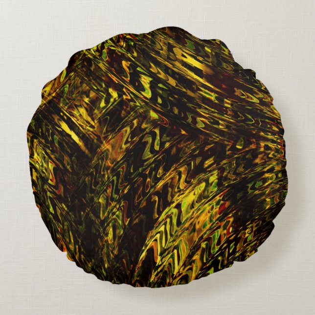 Almofada Redonda bandas abstrato curvas em verde ouro e mais escuro (Verso)