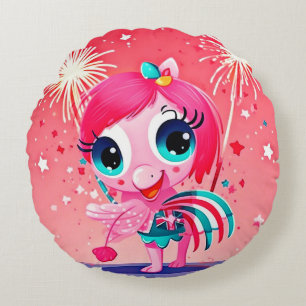 Almofada Redonda Bandeira Americana com Flamingo Cartoon-69217