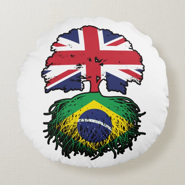 Almofada Redonda Bandeira das Raízes da Árvore Britânica (Frente)