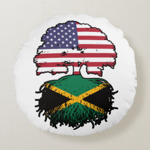 Almofada Redonda Bandeira das Raízes da Árvore Jamaicano-Americana