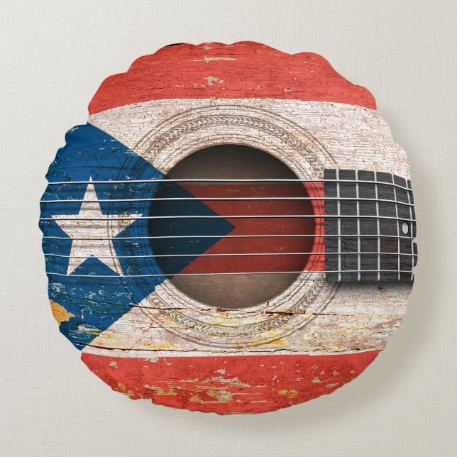 Almofada Redonda Bandeira de Puerto Rico na guitarra acústica velha (Frente)