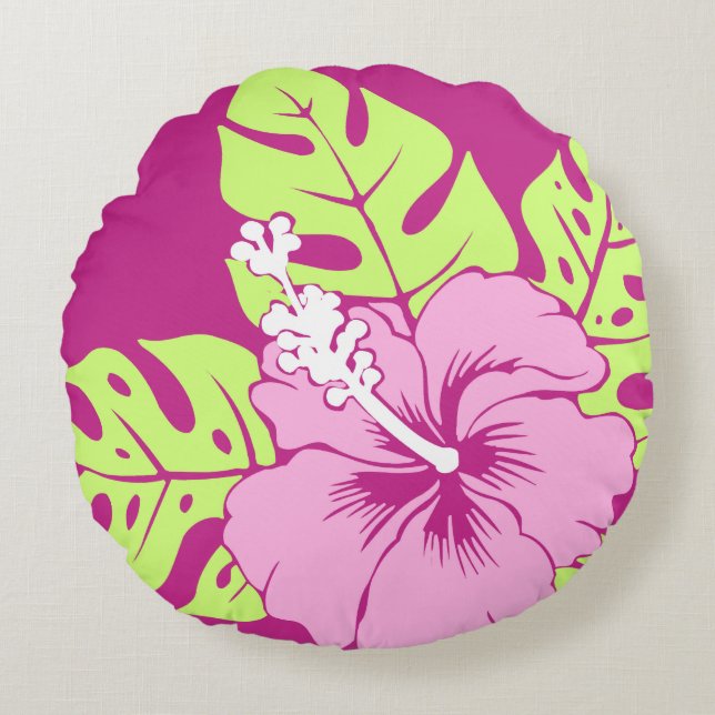 Almofada Redonda Banzai Beach Havaiano Hibiscus Reversible (Frente)