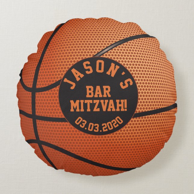 Almofada Redonda Bar de basquete preto-laranja personalizado Mitzva (Frente)