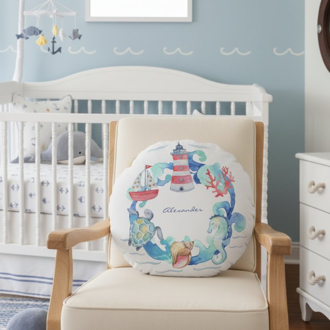 Almofada Redonda Barco e Farol de Animais do Oceano Náutico (Criador carregado)