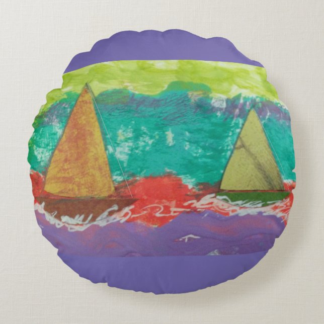 Almofada Redonda Barcos a vela Água púrpura (Frente)