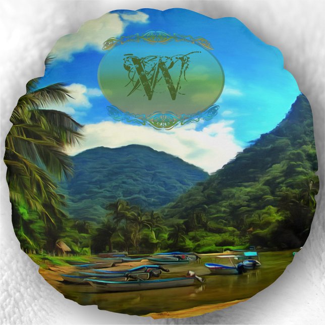 Almofada Redonda Barcos De Pesca Do Rio Mismaloya 0344 (Criador carregado)