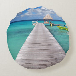 Almofada Redonda Barcos em um molhe no travesseiro decorativo
