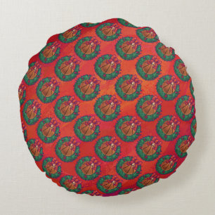 Almofada Redonda Basquete em Holly Wreath Pattern em Red