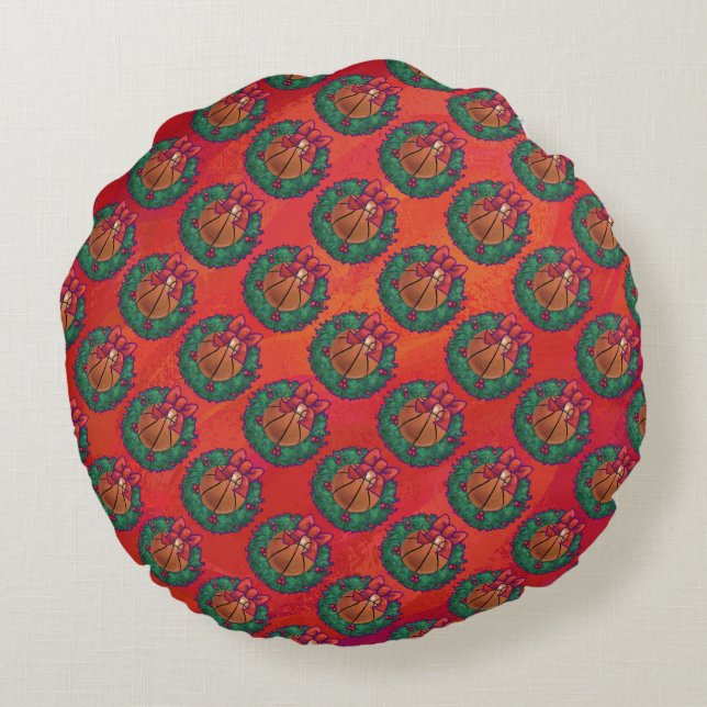 Almofada Redonda Basquete em Holly Wreath Pattern em Red (Verso)