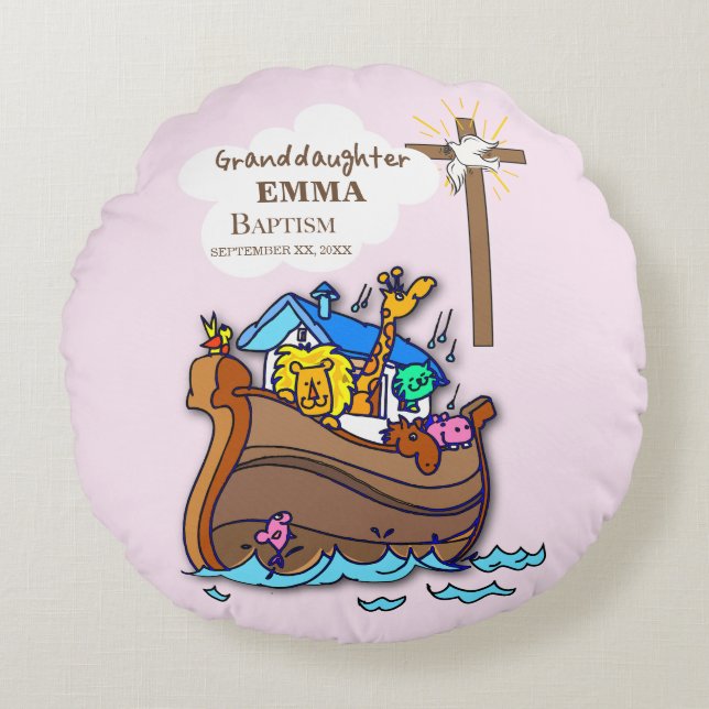 Almofada Redonda Batismo Arca de Noé Netos Personalizado (Frente)