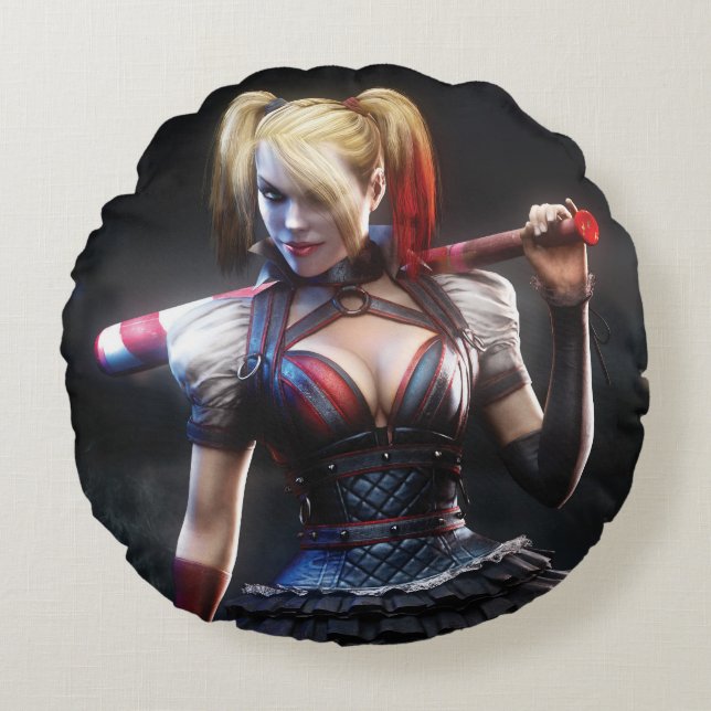 Almofada Redonda Batman Arkham Knight | Harley Quinn com Bat (Frente)