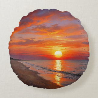 Almofada Redonda Beach Purple Orange Sunset Round Throw Pillow