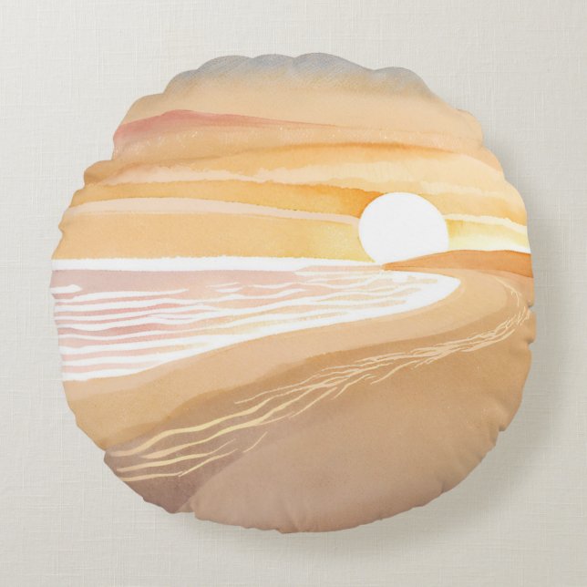 Almofada Redonda Beach Sunset Watercolor | Belo Amarelo (Frente)