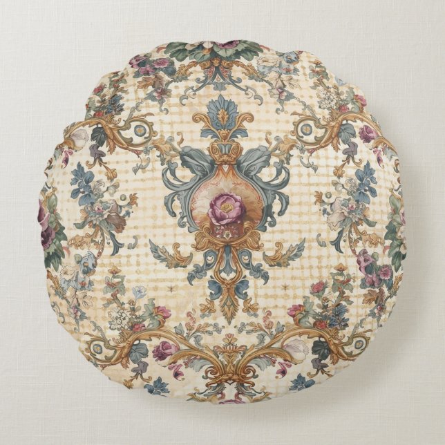 Almofada Redonda Beautiful, Blue Beigi Gold Ornament Flowers (Frente)