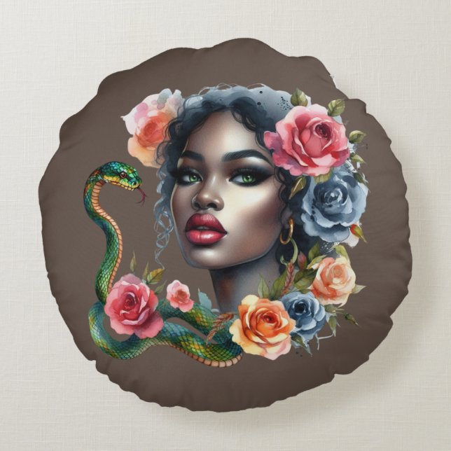Almofada Redonda beautiful women and snake cushion (Verso)