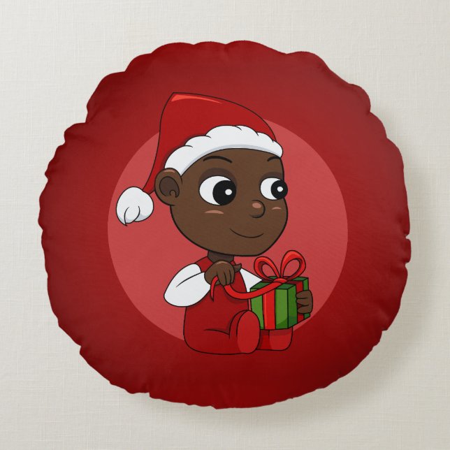 Almofada Redonda Bebê afro-americano bonito com chapéu de Natal (Frente)