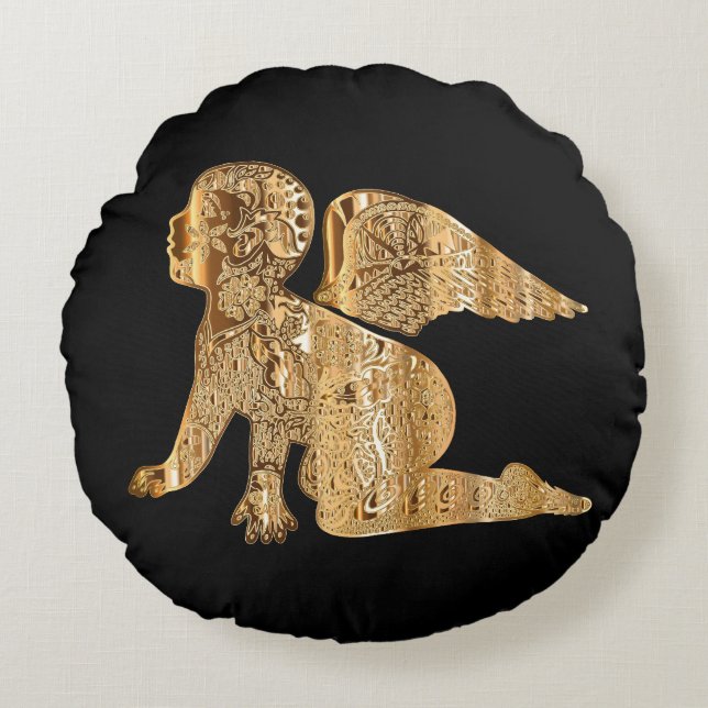 Almofada Redonda Bebê brilhante Anjos Pretos Dourados Ângulo (Frente)