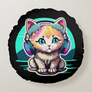 Almofada Redonda Bebê Gatinho Fofo com Fones de Ouvido