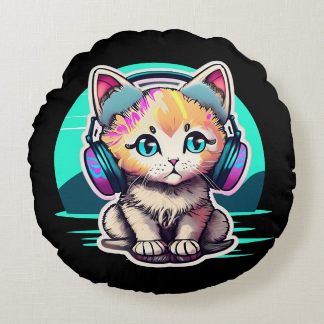 Almofada Redonda Bebê Gatinho Fofo com Fones de Ouvido (Frente)