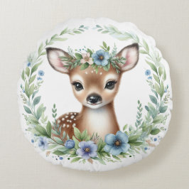 Almofada Redonda Bebê Veado Fofo com Floral Azul